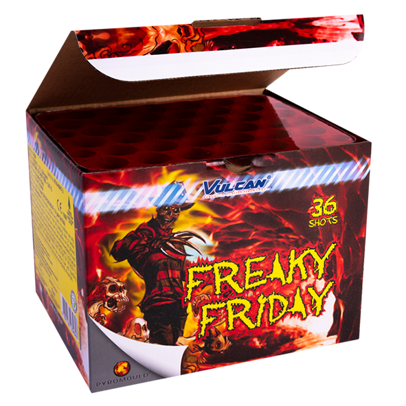 1629 Freaky Friday Freaky Friday Vulcan 36 Shots Vulcan Europe Vulcan Fireworks Pyromould Pyromould Cake Compaact Vuurwerkbatterij T&T Fireworks